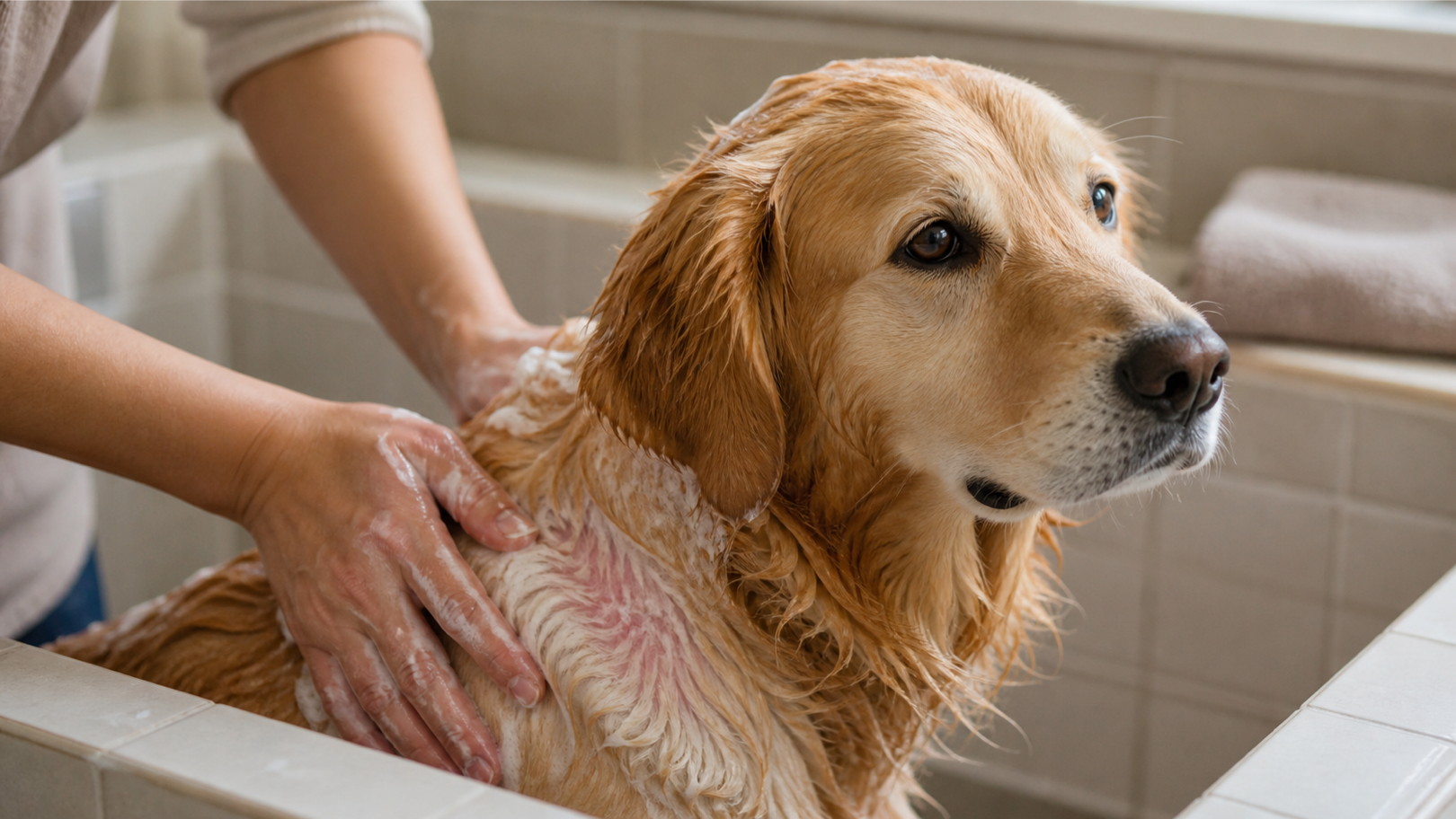 A caring woman comforting her wet golden retriever dog while bathing it against a watercolor background.